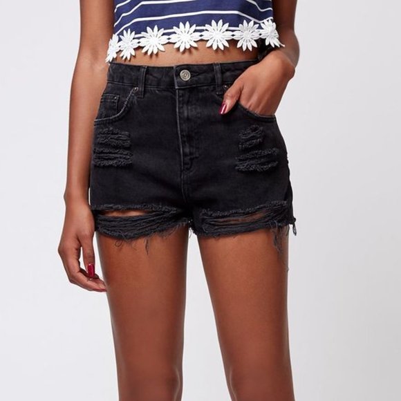 Topshop Pants - TOPSHOP Black Ripped High Rise Jean Shorts